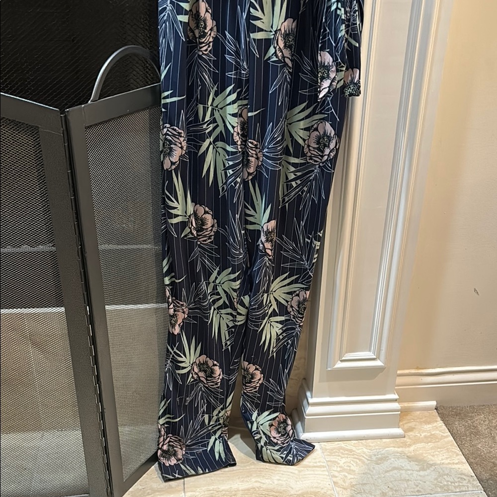 Just Be Blue and Green Tropical Jumpsuit V-Neck Wide Leg - Picture 3 of 5
